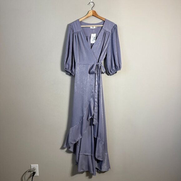 Flounce London Maternity Satin Puff Sleeve Wrap Maxi Dress Women's 12 Purple NWT - Picture 4 of 16
